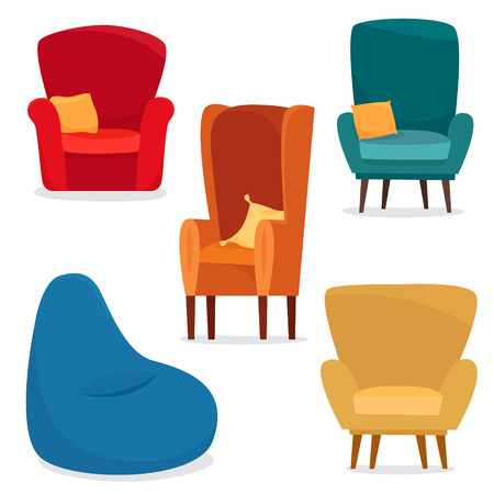 Different chairs set with pillow anf bag chair. Flat cartoon style vector illustration.のイラスト素材