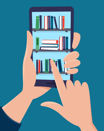 Online library in phone in hands. Flat cartoon style vector illustration.のイラスト素材