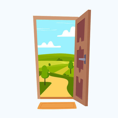 Open door with sunny landscape in room. Flat cartoon style vector illustration.の写真素材