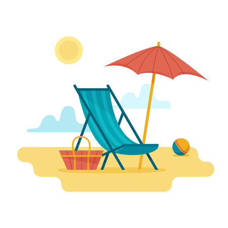 Chaise-longue on the beach under a umbrella. Lounge with sea on tropical background. Flat style vector illustration.のイラスト素材