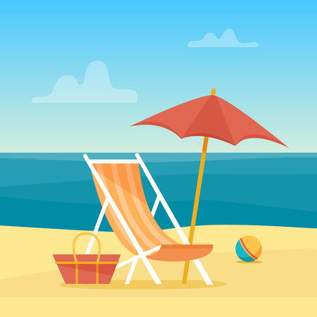 Chaise-longue on the beach under a umbrella. Lounge with sea on tropical background. Flat style vector illustration.のイラスト素材