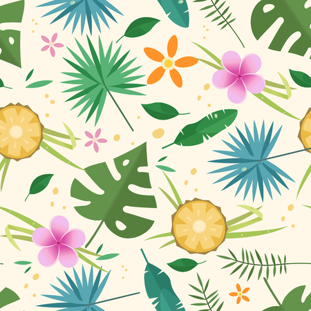 Tropical seamless pattern with flowers and leavesのイラスト素材