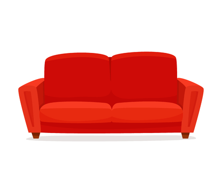 Comfortable sofa on white background. Isolated red couch lounge in interior. Flat cartoon style vector illustration.のイラスト素材