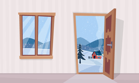 Window and door with winter landscape. Flat cartoon style vector illustration.のイラスト素材