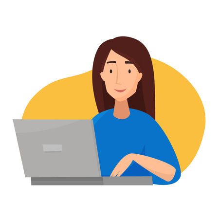 Woman work at computer in office. Flat cartoon style vector illustration.のイラスト素材