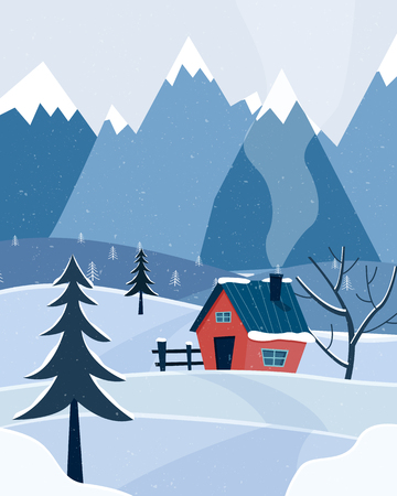 Winter snowy landscape with mountains and country house. Christmas season. Flat cartoon style vector illustration.のイラスト素材
