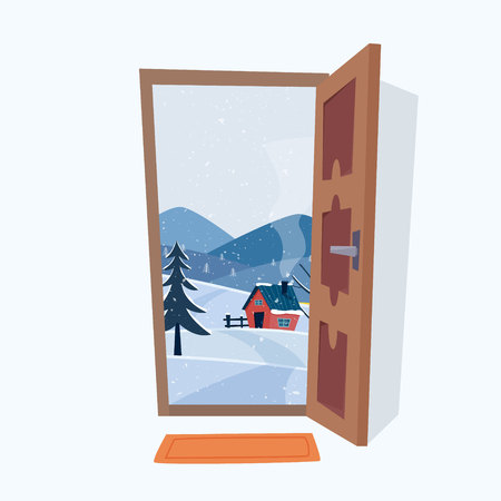 Door into winter landscape. Flat cartoon style vector illustration.のイラスト素材