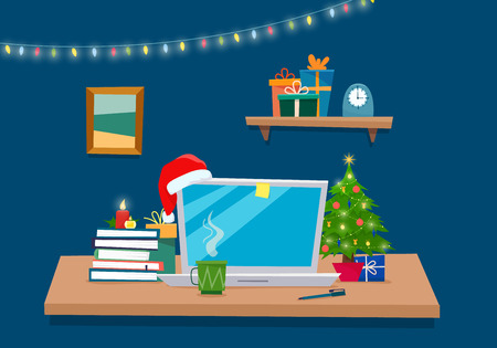Christmas office workplace. Table with computer, gifts, christmas tree, books . Freelancer workspace. Flat cartoon style vector illustration.の写真素材