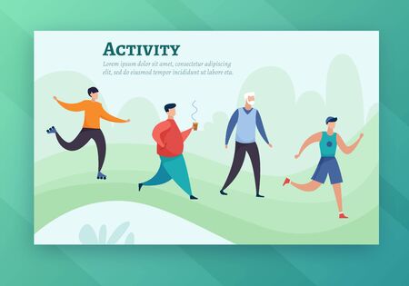 People walk, run and roller skating in the park. Flat cartoon style vector illustration.のイラスト素材