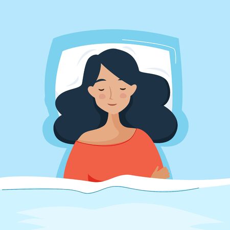Woman sleep in bed. Flat cartoon style.のイラスト素材