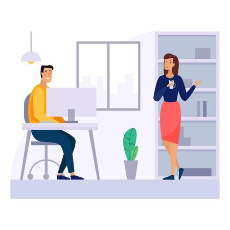 Man and woman with cup in office. Working break and talks. Flat cartoon style.のイラスト素材
