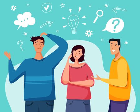People have a question. Couple thinking together. Flat cartoon style.のイラスト素材