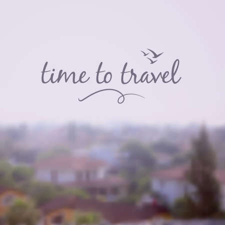 Time to travel lettering on blurred nature background. Vector illustrationのイラスト素材