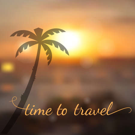Time to travel lettering on blurred nature background. Vector illustrationのイラスト素材