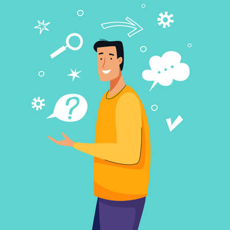 Man thinking and has idea. Flat cartoon. Vector illustrationのイラスト素材