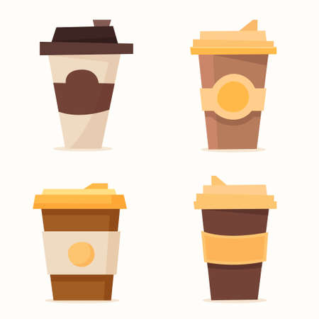 Set of coffee cup. Disposable plastic and paper cup mockup. Flat cartoon. Vector illustrationのイラスト素材