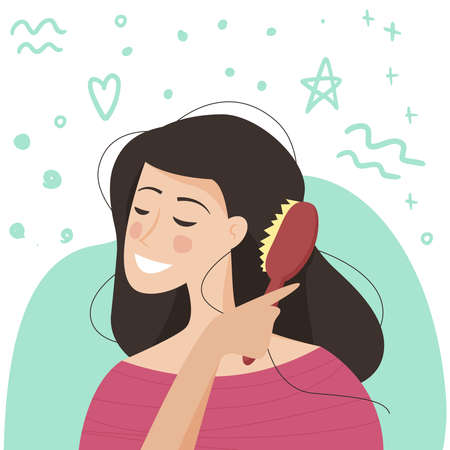 Young woman brushing healthy hair. Brush in hand. Flat cartoon. Vector illustrationのイラスト素材
