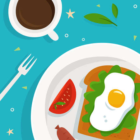 Breakfast with toast, eggs and coffee on plate. Flat. Vector illustrationのイラスト素材