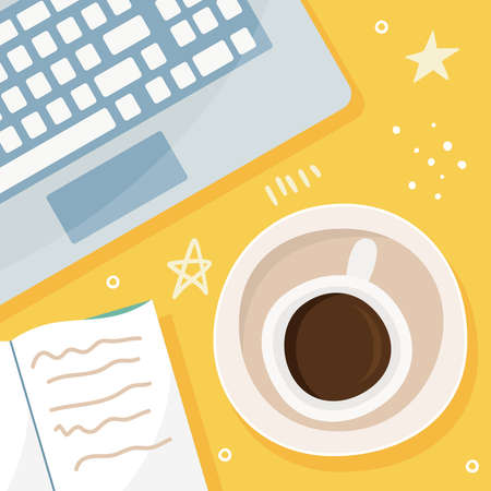 Workplace with computer, books, coffee, plant on white background. Flat cartoon. Vector illustrationのイラスト素材