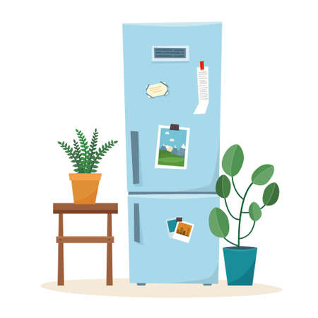 Kitchen fridge. Open refrigerator with food. Flat style vector illustration. Vector illustrationのイラスト素材