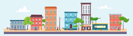 Building houses in city street, town view background.のイラスト素材