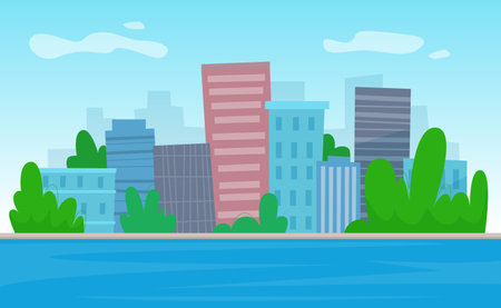 City river with skyscrapers background. Flat style illustration.のイラスト素材