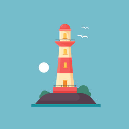 Lighthouse on island and sea in flat style. Vector illustrationのイラスト素材