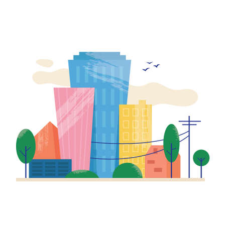 City view with skyscrappers concept in flat style. Vector illustrationのイラスト素材
