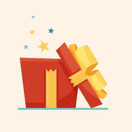 Opened surprise red gift box, birthday celebration concept, special give away package. Flat style . Vector illustrationのイラスト素材