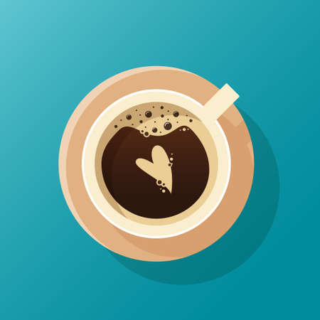 Cup of coffee top view with heart. Froth on cappuccino. Latte art. Flat style. Vector illustrationのイラスト素材