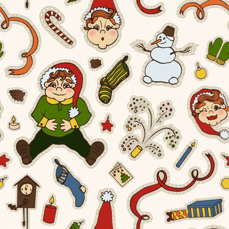New Year's Eve. Elements. Gnomes. Gifts. Embroidery. Seamlessのイラスト素材