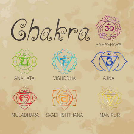 Chakra. Energy centers of the human. Icons. Handwriting. Aged paper. Texture. (color)のイラスト素材
