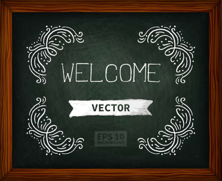 Chalk board with doodle design elements and lettering. The texture of chalk, wooden frame. The image can be used for your business, office, shop, cafe, design books, wedding decorのイラスト素材
