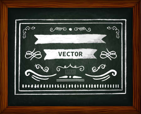 Chalk board with doodle design elements. The texture of chalk, wooden frame. The image can be used for your business, office, shop, cafe, design books, wedding decorのイラスト素材