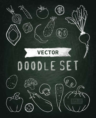 Chalk board, chalk texture. Doodle set menu vegetables. The image can be used for your business, shop, cafe, restaurantのイラスト素材