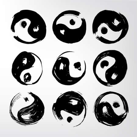 Yin yang symbol Set of 9 characters. Ink stains. Japanese calligraphy. The image can be used as prints, logo, cards, textiles, template, yoga productsのイラスト素材