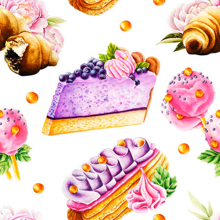 Watercolor illustration Seamless pattern 3 can be used in your confectionery business, for a bakery logo, on a bakery websiteの写真素材