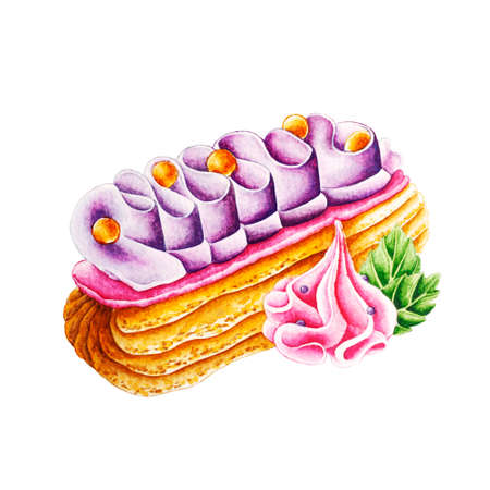 Watercolor illustration Eclair can be used in your confectionery business, for a bakery logo, on a bakery websiteの写真素材