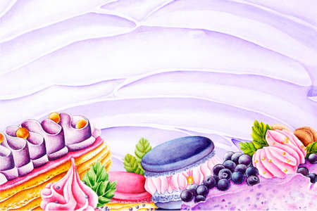 Watercolor Background Cream and sweets. The image can be used for printing on postcards, as a background for a gift certificate of a confectioneryの写真素材