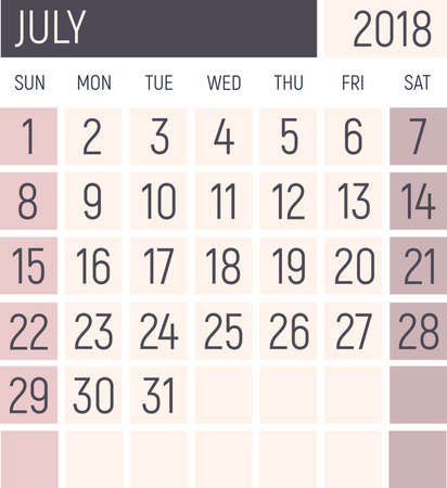 July 2018 Calendar planner design template. Lokanichny style. Vectorの写真素材