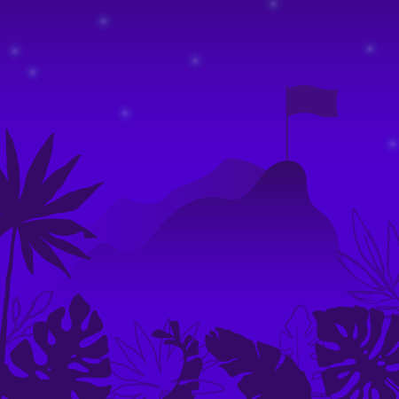 Night landscape mountains tropical leaf silhouette. Vector illustration in a trendy style. のイラスト素材