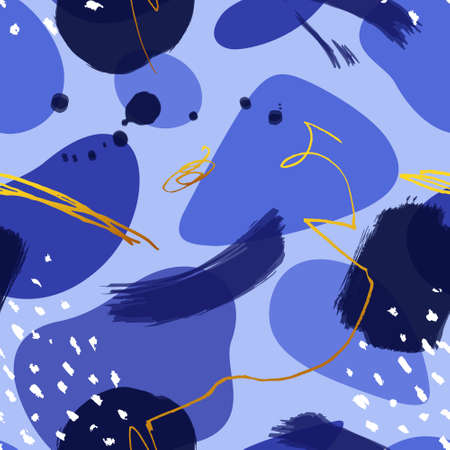 Classic blue color vector seamless patterns with golden elements. Modern abstract design. Geometric...