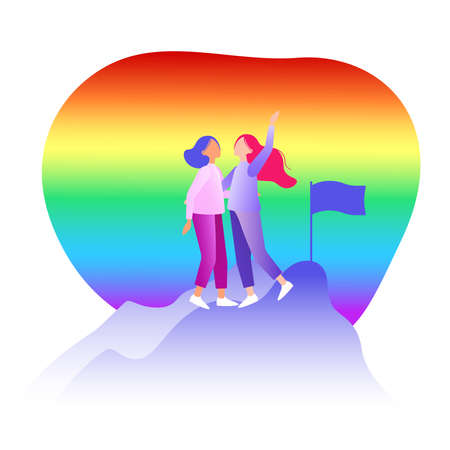 Two girls hugged and declare their sexual orientation. A poster calling for tolerance. Rainbow flag. Vector illustration.のイラスト素材