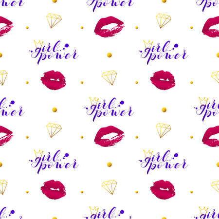 Vector imprint of red lipstick isolated on a white background.Seamless pattern symbol of a woman. A call for gender equality. Poster lettering girl power.のイラスト素材