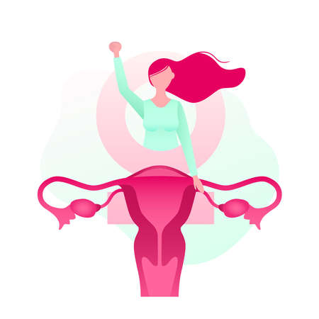 Hygiene products for women during menstruation vector illustration. The girl squeezes her hand into a fist raised up. Body positive poster.のイラスト素材