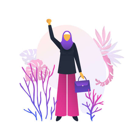 Arab woman raised her hand up clenched in a fist. The struggle of women for rights and freedom. Gender equality vector concept.のイラスト素材