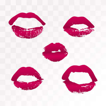 Vector imprint of red lipstick isolated on a white background. Set of different lip shapes.のイラスト素材