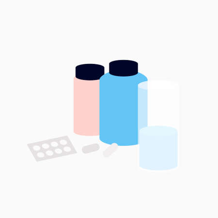 Set of drugs isolated from the background. Pills, vitamins, capsules, vaccine objects. Vector illustration.のイラスト素材