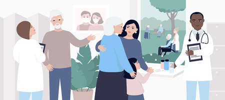 A family visits a nursing home. An elderly woman with her granddaughter is looking out the window. Colorful vector illustration.のイラスト素材