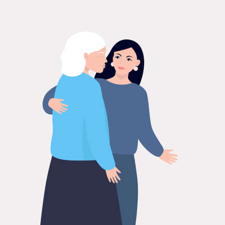 An elderly blind woman moves with the help of a nurse. A young woman helps and cares for an older woman. Colorful vector illustration.のイラスト素材